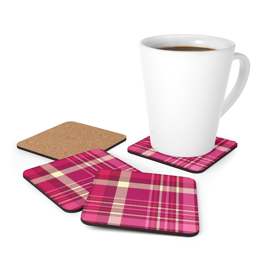 Pink and Purple Plaid Corkwood Coaster Set - Puffin Lime
