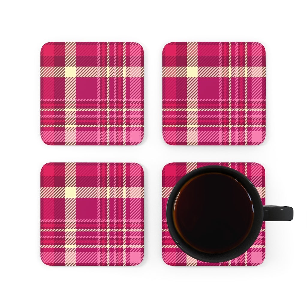 Pink and Purple Plaid Corkwood Coaster Set - Puffin Lime