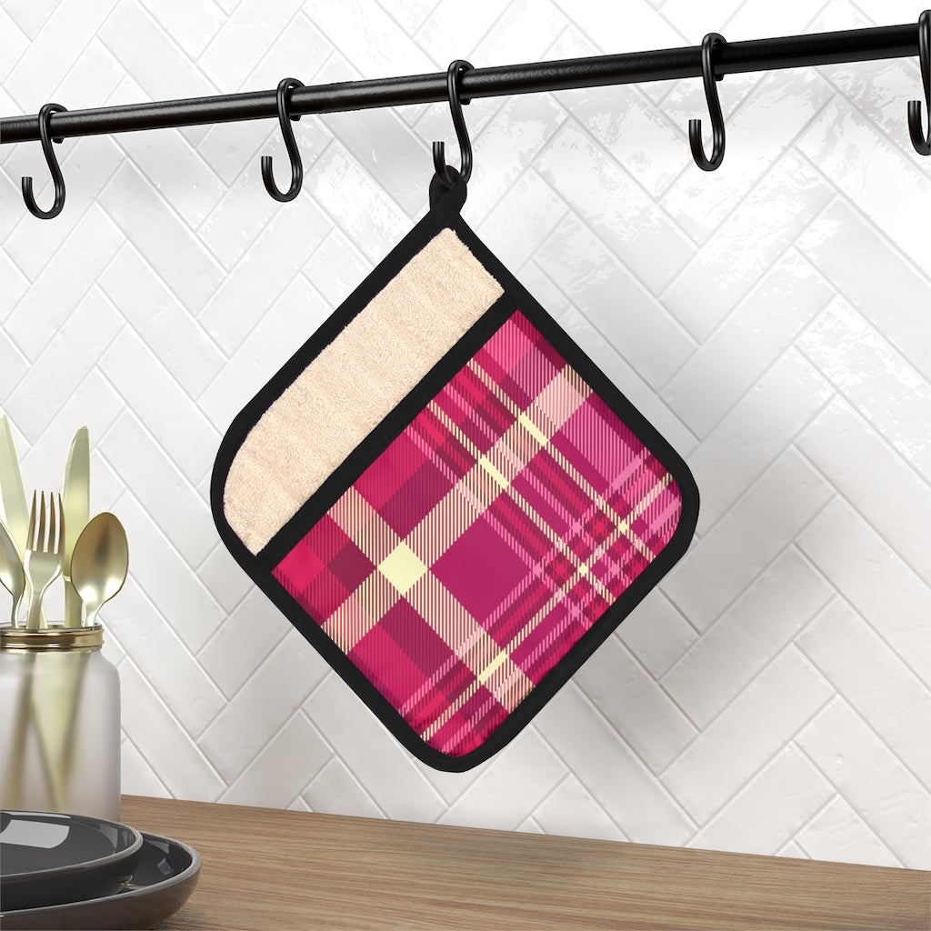 Pink and Purple Plaid Pot Holder with Pocket - Puffin Lime