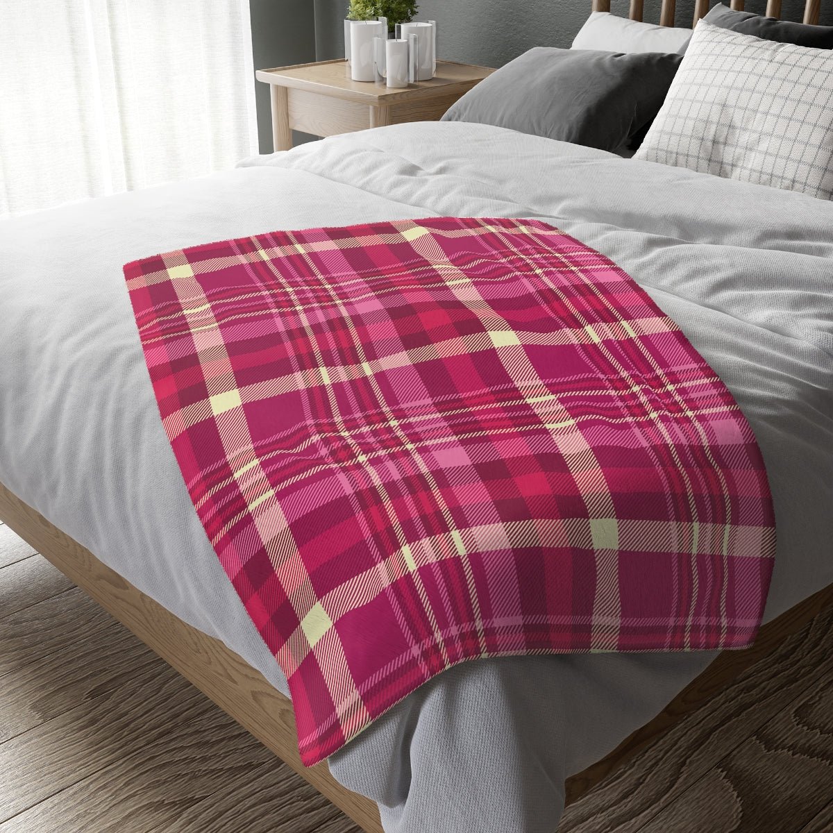 Pink and Purple Plaid Velveteen Minky Blanket (Two-sided print) - Puffin Lime