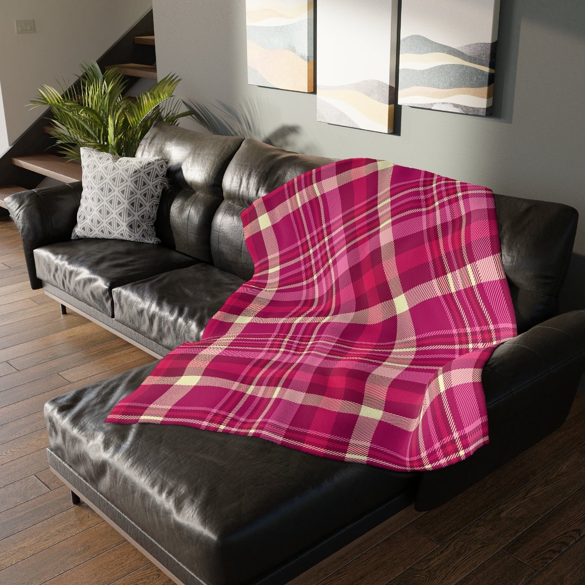 Pink and Purple Plaid Velveteen Minky Blanket (Two-sided print) - Puffin Lime