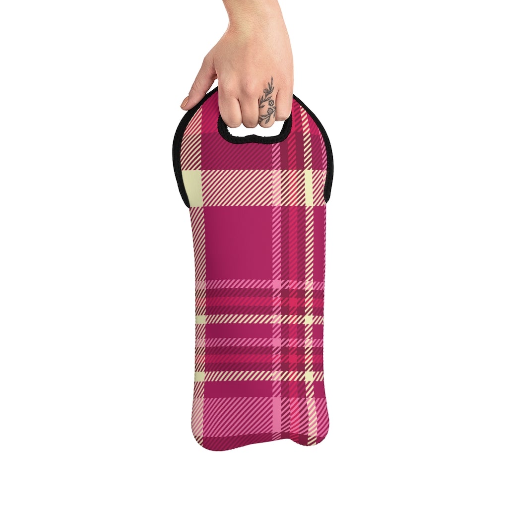 Pink and Purple Plaid Wine Tote Bag - Puffin Lime