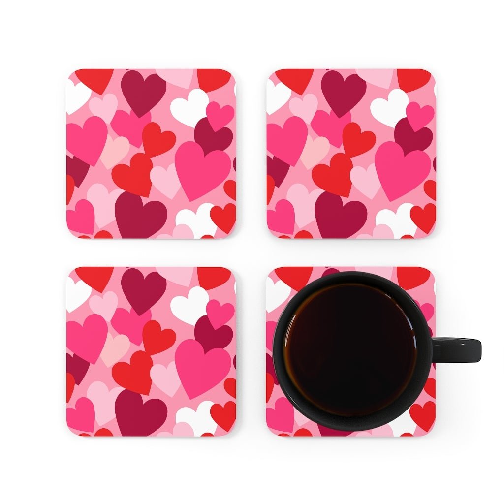 Pink and Red Hearts Corkwood Coaster Set - Puffin Lime