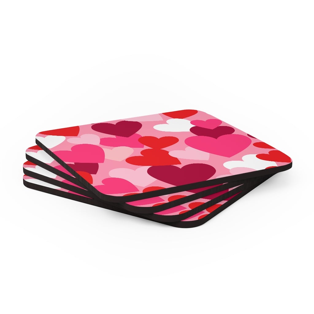 Pink and Red Hearts Corkwood Coaster Set - Puffin Lime