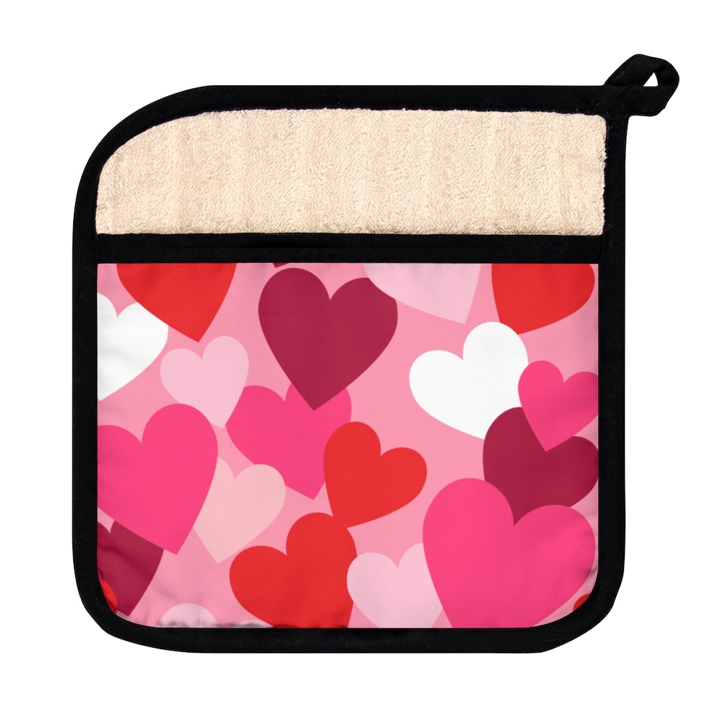 Pink and Red Hearts Pot Holder with Pocket - Puffin Lime