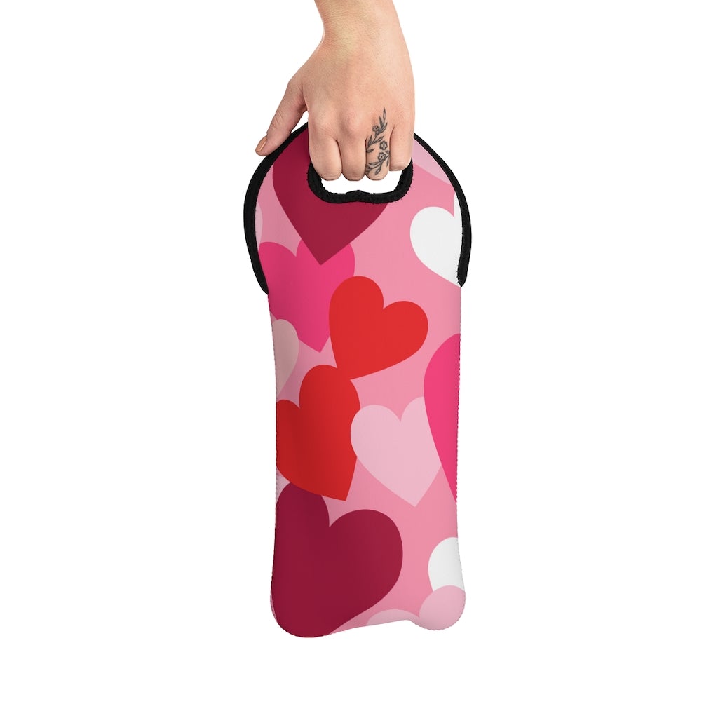 Pink and Red Hearts Wine Tote Bag - Puffin Lime