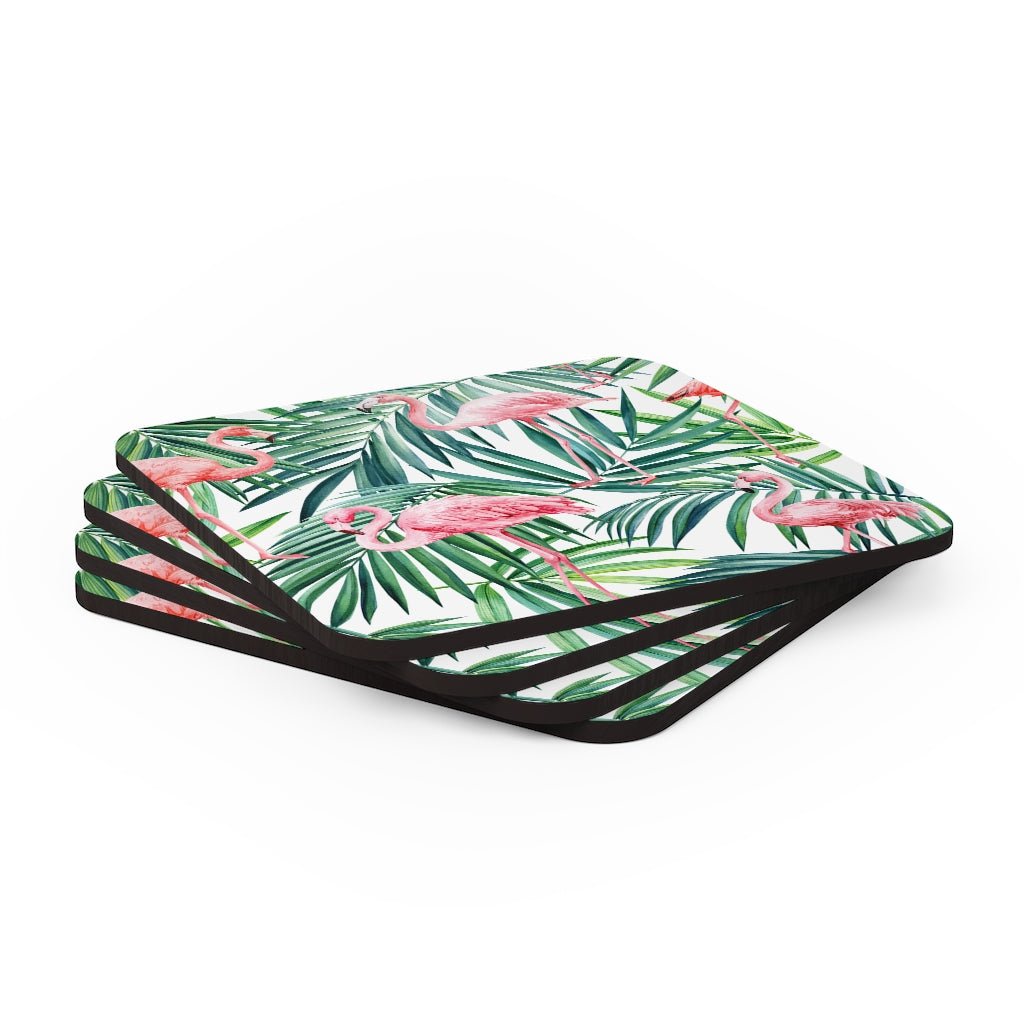 Pink Flamingos and Palm Leaves Corkwood Coaster Set - Puffin Lime