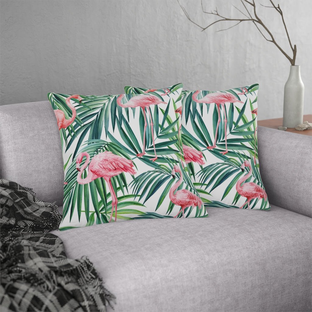 Pink Flamingos and Palm Leaves Outdoor Pillow - Puffin Lime