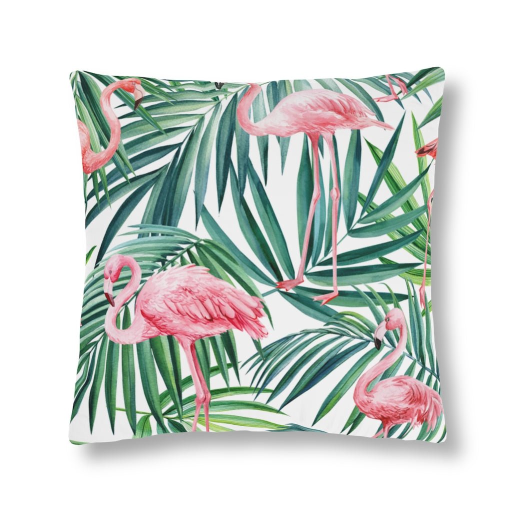 Pink Flamingos and Palm Leaves Outdoor Pillow - Puffin Lime