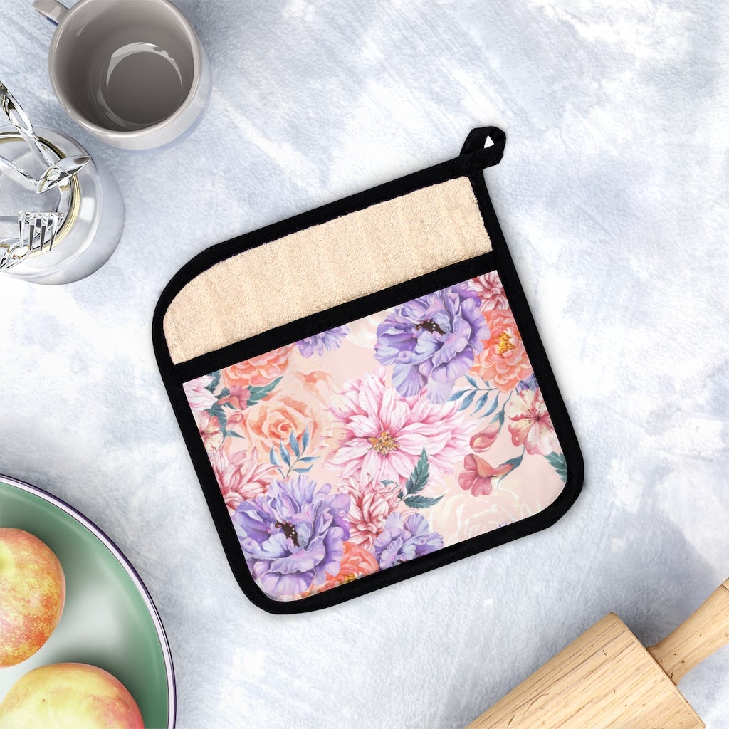 Pink Japanese Chrysanthemum Pot Holder with Pocket - Puffin Lime
