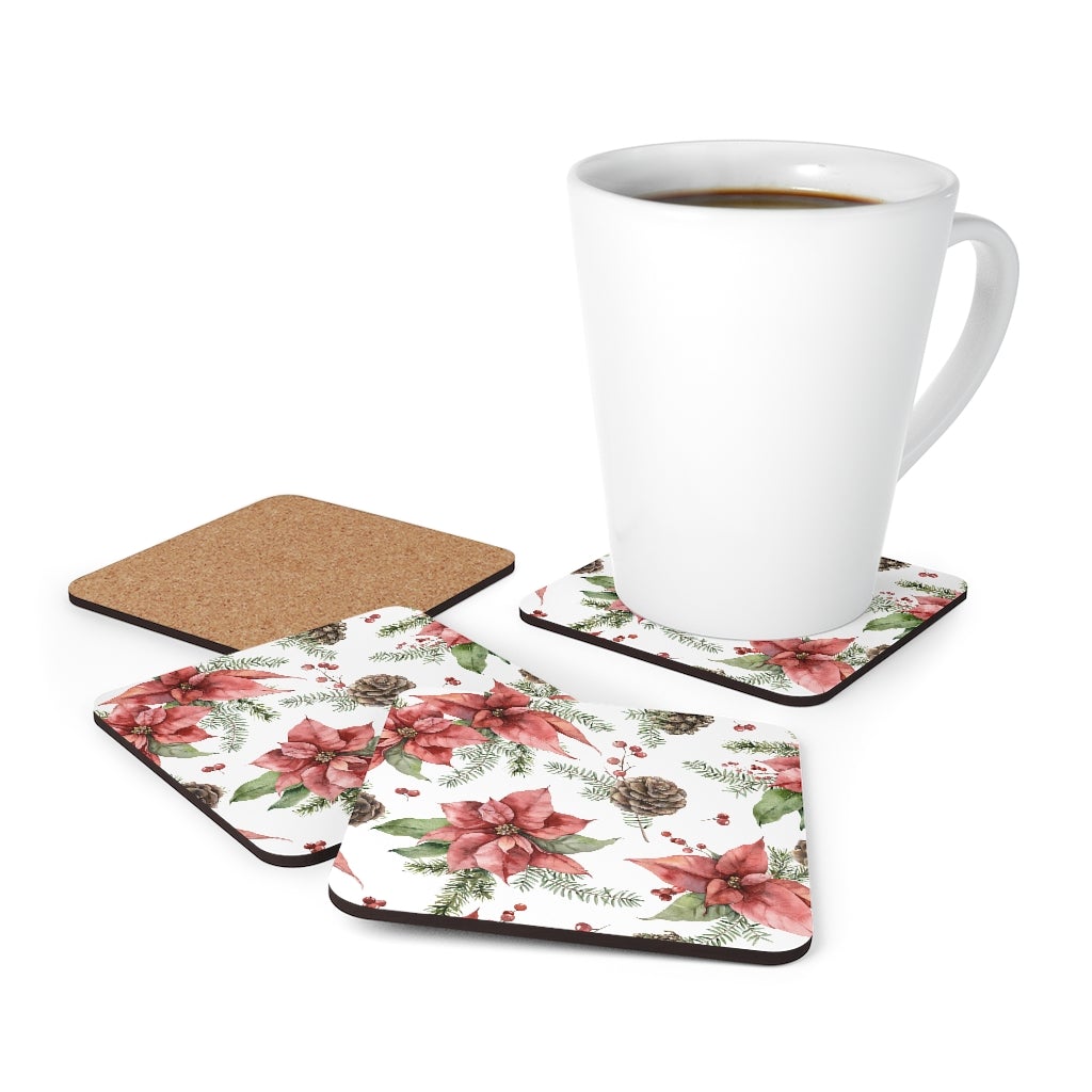 Poinsettia and Pine Cones Corkwood Coaster Set - Puffin Lime