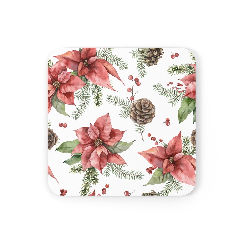 Poinsettia and Pine Cones Corkwood Coaster Set - Puffin Lime