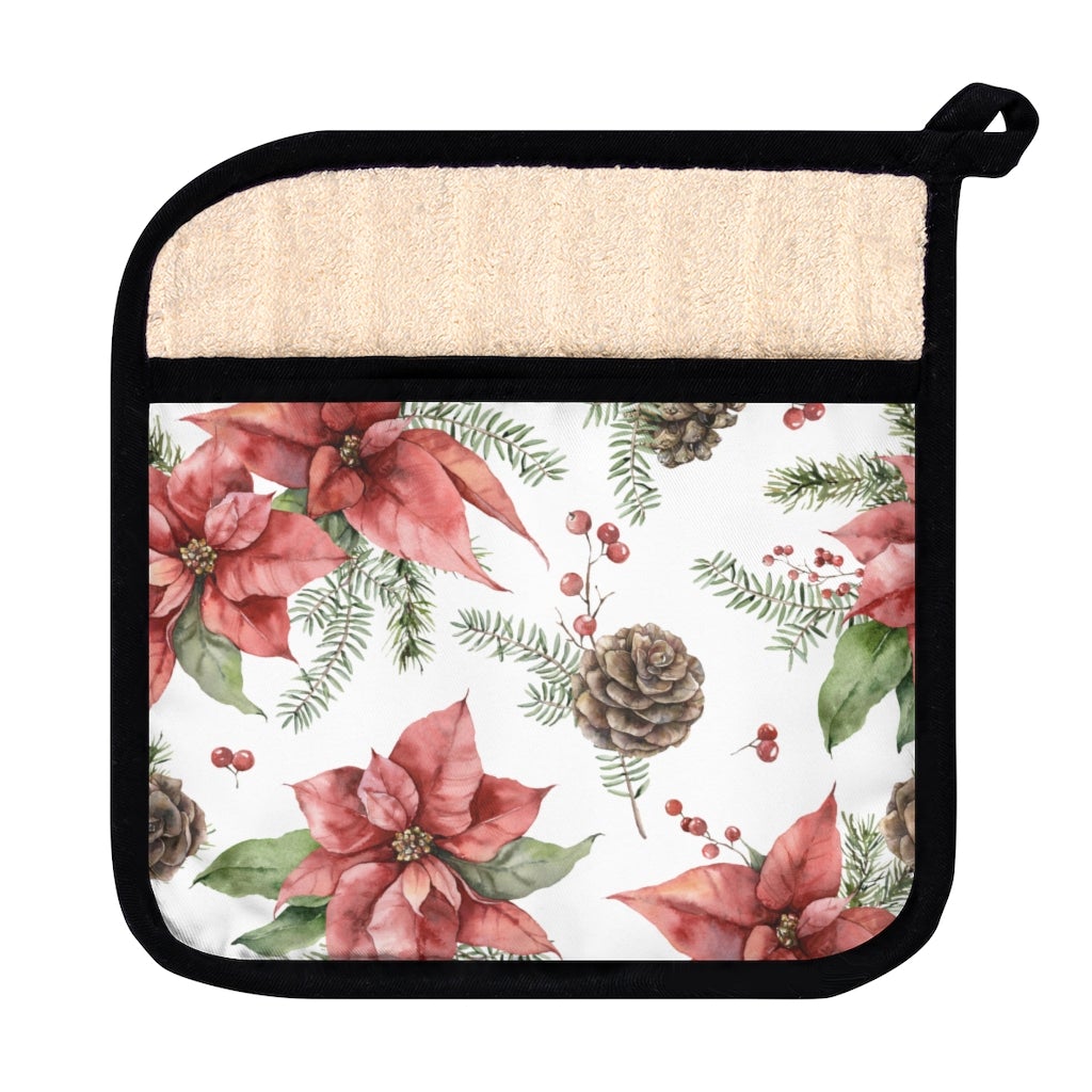 Poinsettia and Pine Cones Pot Holder with Pocket - Puffin Lime
