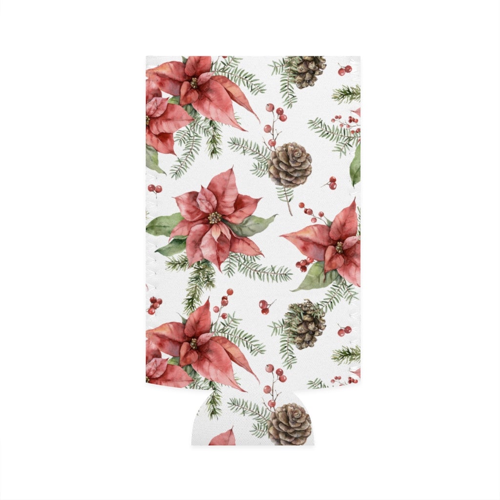 Poinsettia and Pine Cones Slim Can Cooler - Puffin Lime