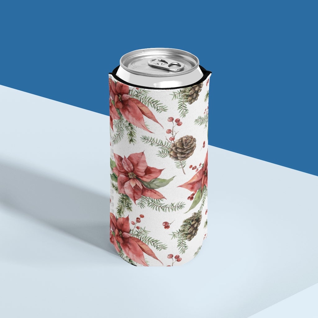 Poinsettia and Pine Cones Slim Can Cooler - Puffin Lime