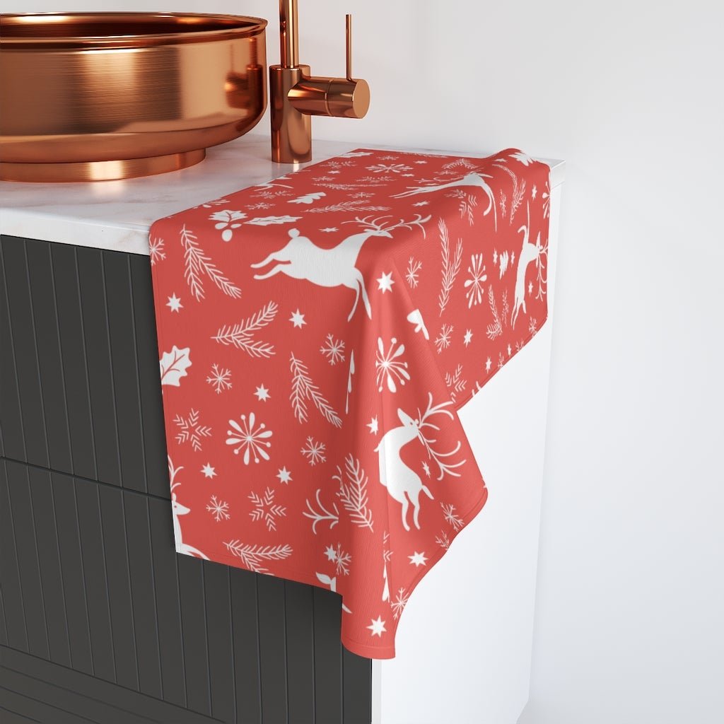 Red Christmas Reindeers Hand Towel - Puffin Lime