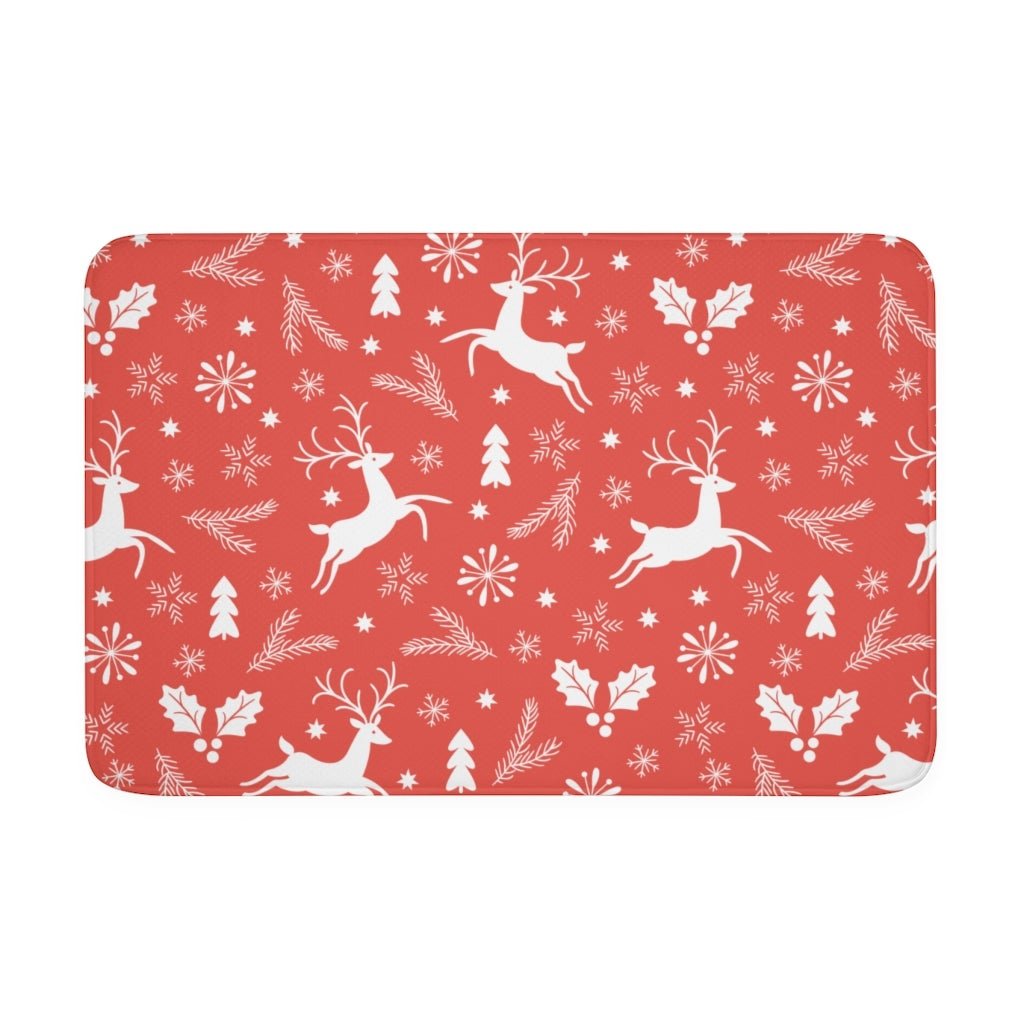 Red Christmas Reindeers Memory Foam Bath Mat - Puffin Lime
