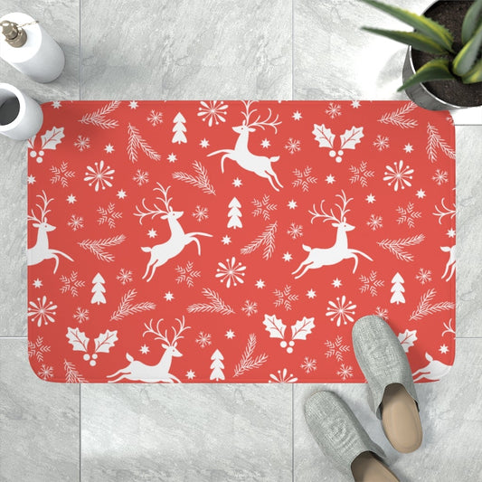 Red Christmas Reindeers Memory Foam Bath Mat - Puffin Lime