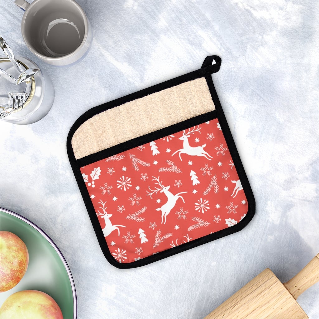 Red Christmas Reindeers Pot Holder - Puffin Lime