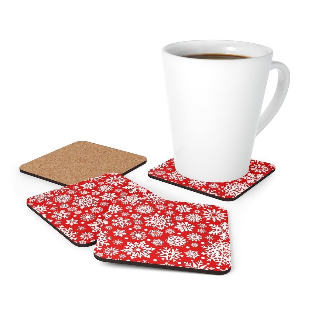 Red Christmas Snowflakes Corkwood Coaster Set - Puffin Lime