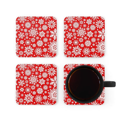 Red Christmas Snowflakes Corkwood Coaster Set - Puffin Lime