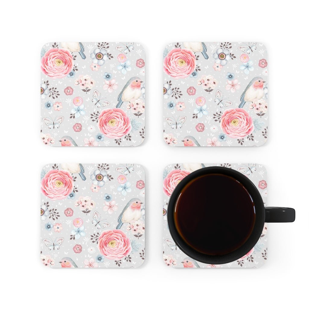 Robins and Flowers Corkwood Coaster Set - Puffin Lime