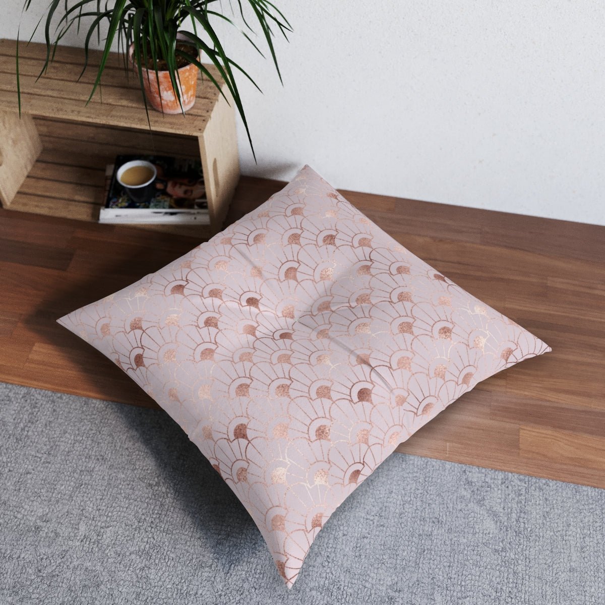 Rose Gold Art Deco Flowers Square Tufted Floor Pillow - Puffin Lime
