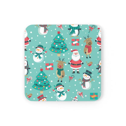Santa, Snowmen and Reindeer Corkwood Coaster Set - Puffin Lime