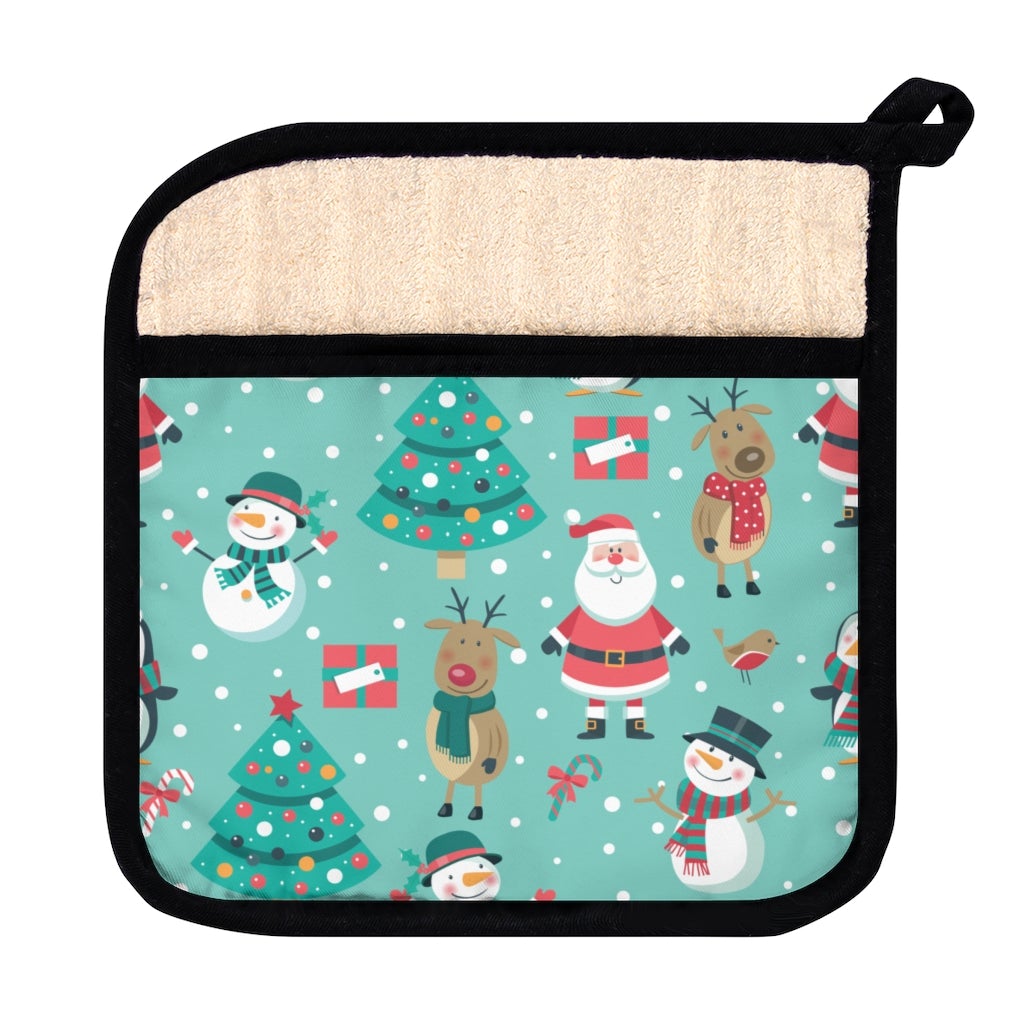 Santa, Snowmen and Reindeer Pot Holder with Pocket - Puffin Lime