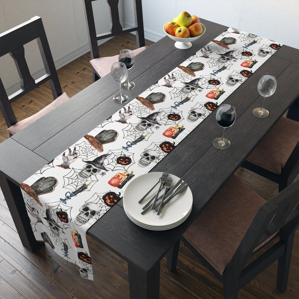 Skulls and Pumpkins Table Runner - Puffin Lime