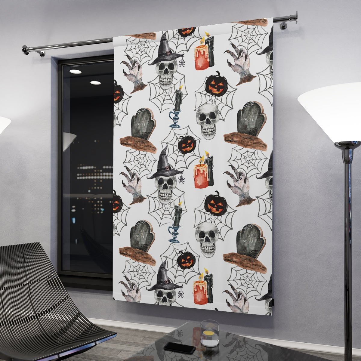 Skulls and Pumpkins Window Curtains (1 Piece) - Puffin Lime