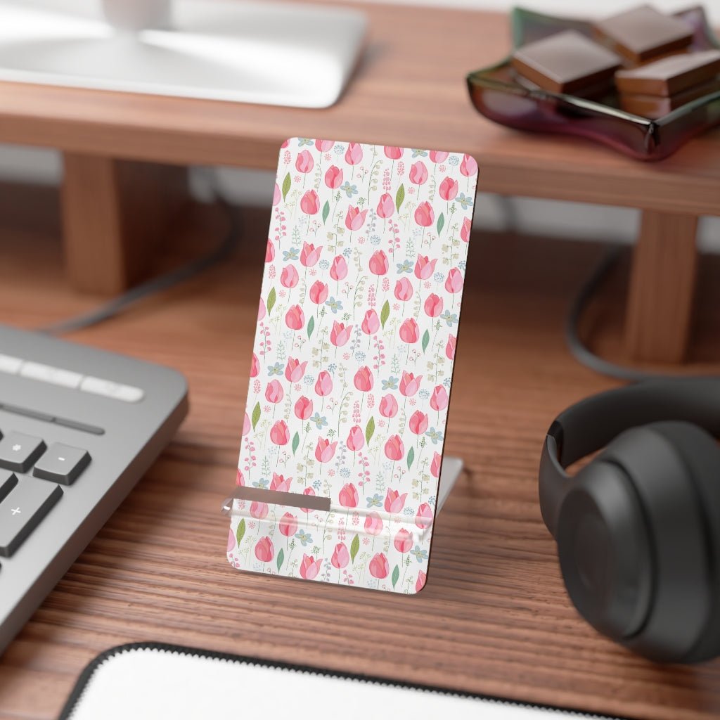 Spring Pink Tulips Mobile Display Stand for Smartphones - Puffin Lime
