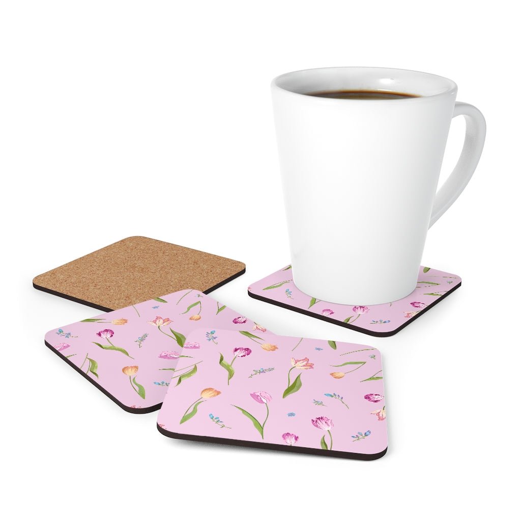 Spring Tulips Corkwood Coaster Set - Puffin Lime