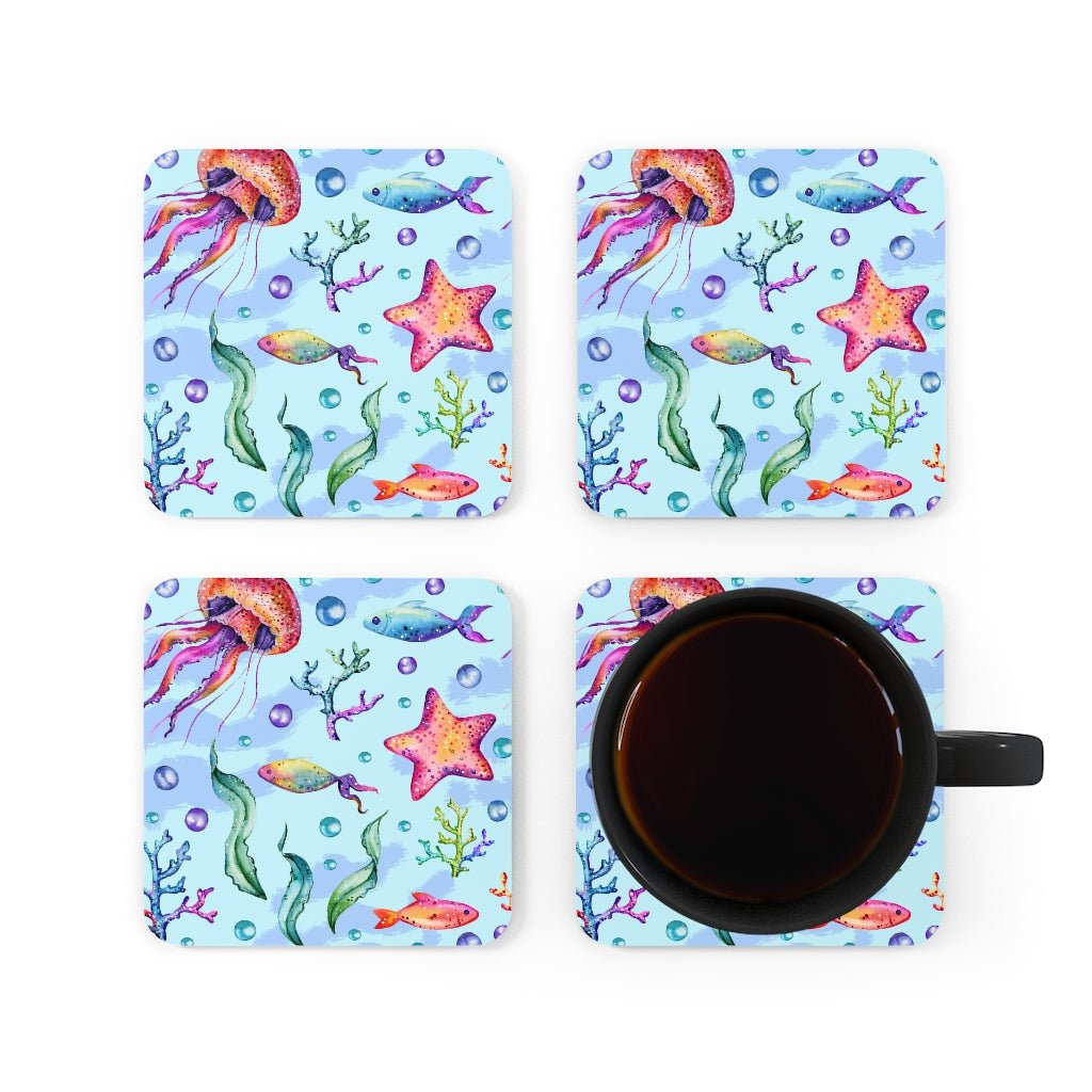 Starfish and Bubbles Corkwood Coaster Set - Puffin Lime