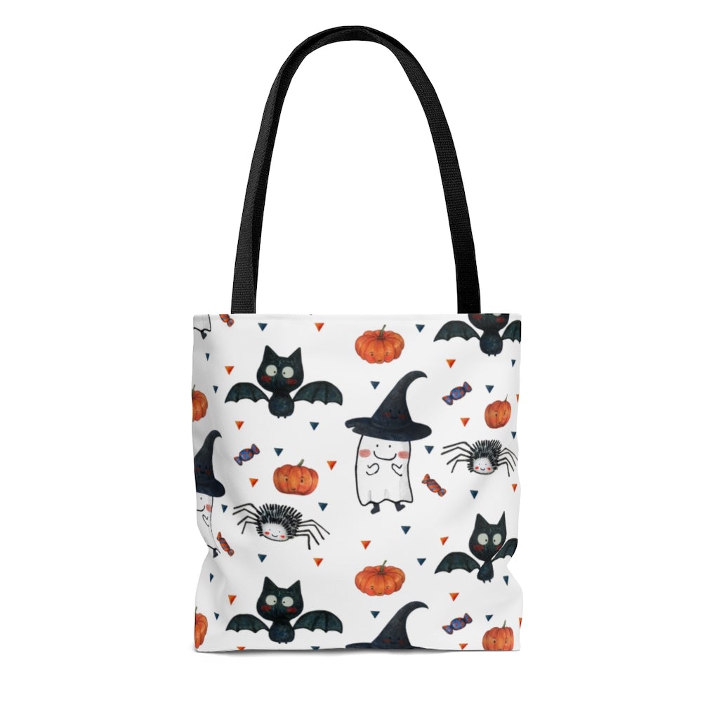 Tote Bag with Pumpkins, Ghosts, Black Cats, Spiders and Witches Hat - Puffin Lime