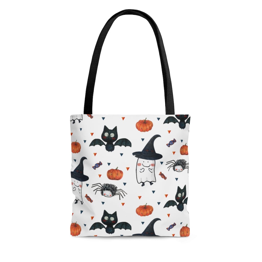 Tote Bag with Pumpkins, Ghosts, Black Cats, Spiders and Witches Hat - Puffin Lime