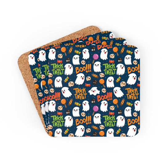 Trick or Treat Ghosts Corkwood Coaster Set - Puffin Lime