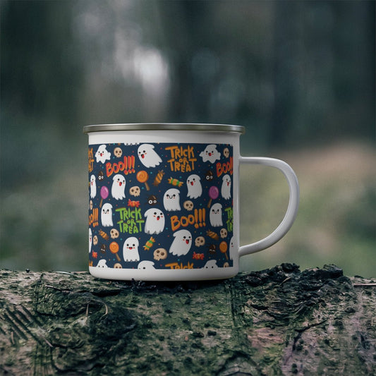 Trick or Treat Ghosts Enamel Camping Mug - Puffin Lime
