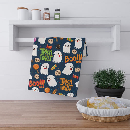 Trick or Treat Ghosts Kitchen Towel - Puffin Lime