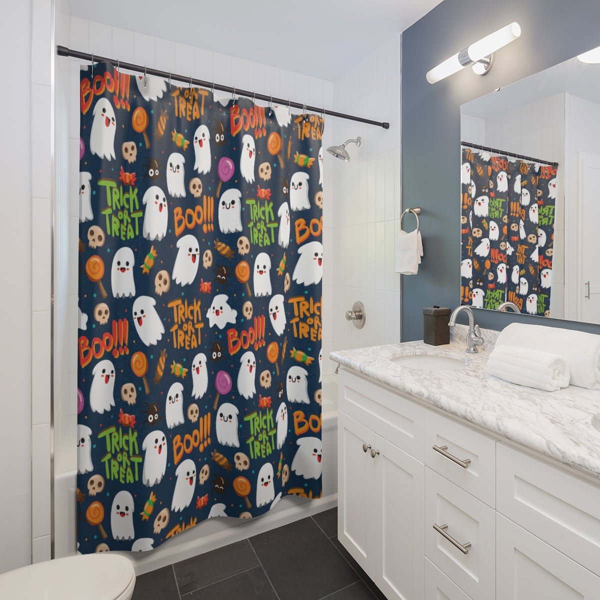 Trick or Treat Ghosts Shower Curtains - Puffin Lime