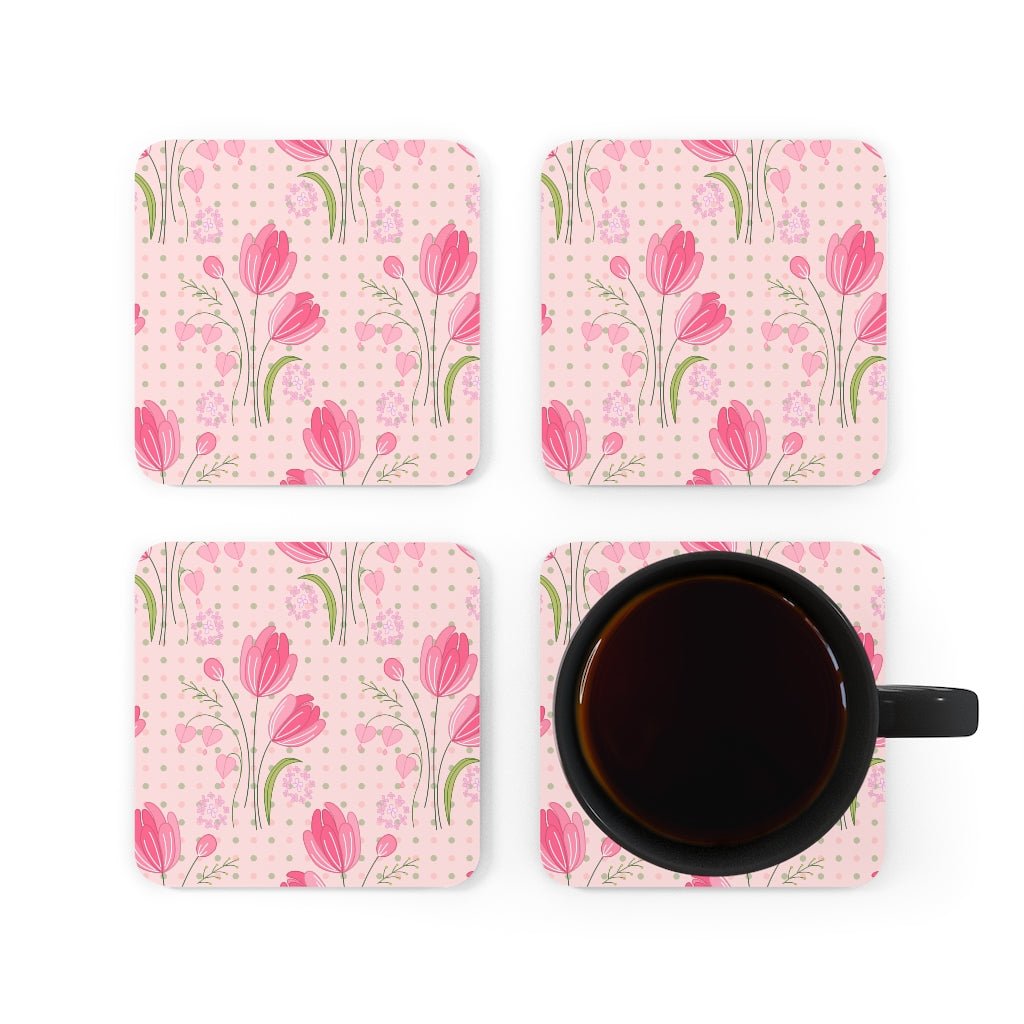 Tulips and Polka Dots Corkwood Coaster Set - Puffin Lime