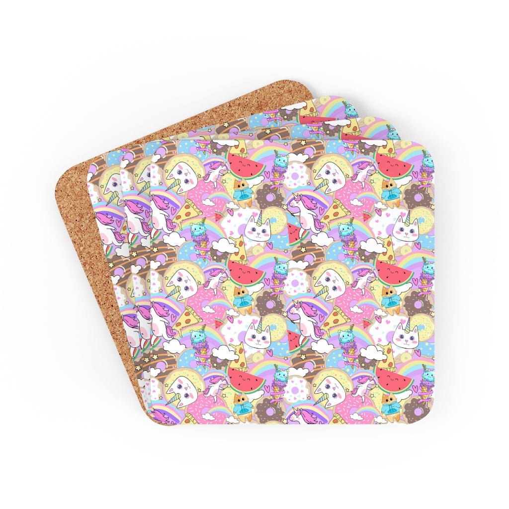 Unicorn Cats and Watermelons Corkwood Coaster Set - Puffin Lime
