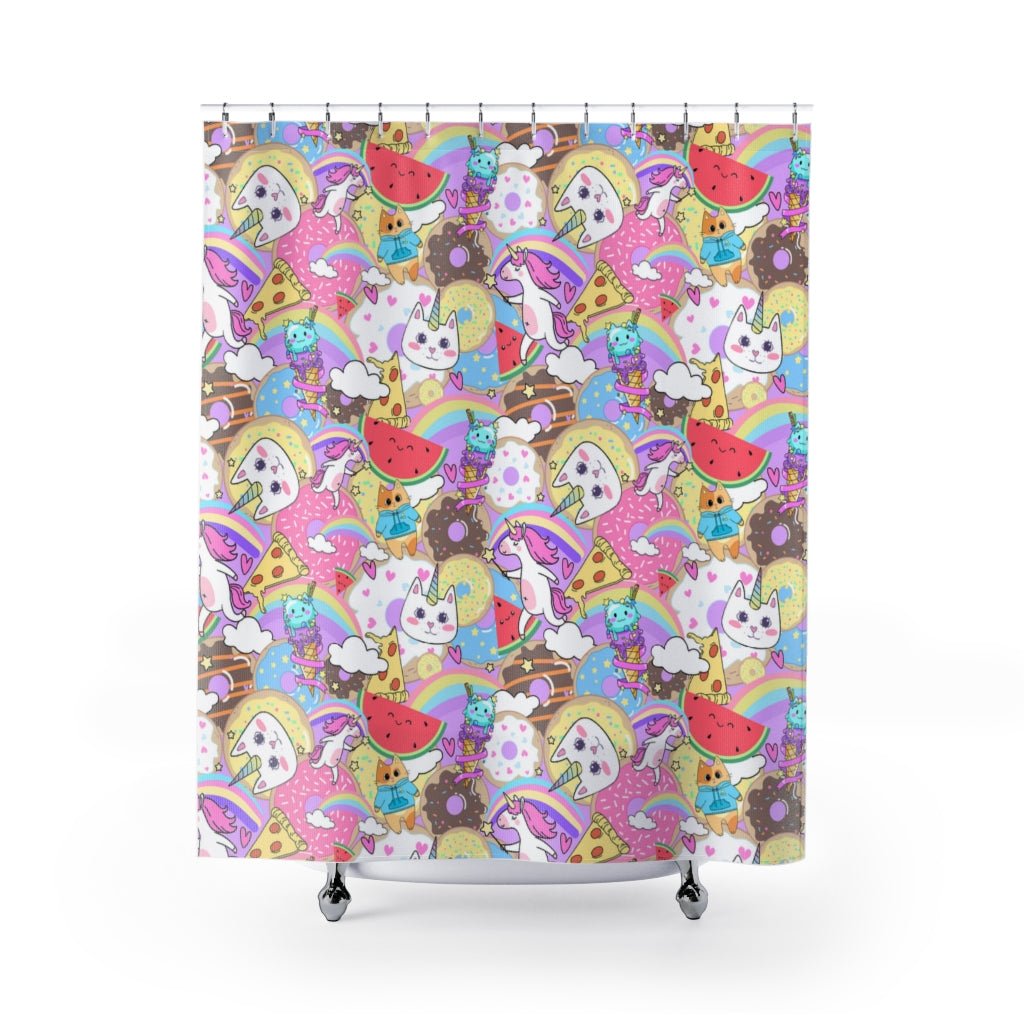 Unicorn Cats and Watermelons Shower Curtains - Puffin Lime
