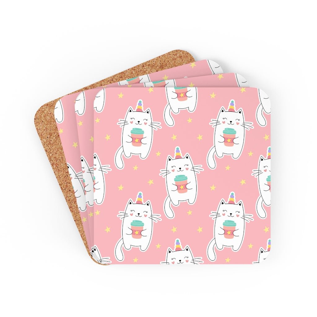 Unicorn Cats Drinking Coffee Corkwood Coaster Set - Puffin Lime