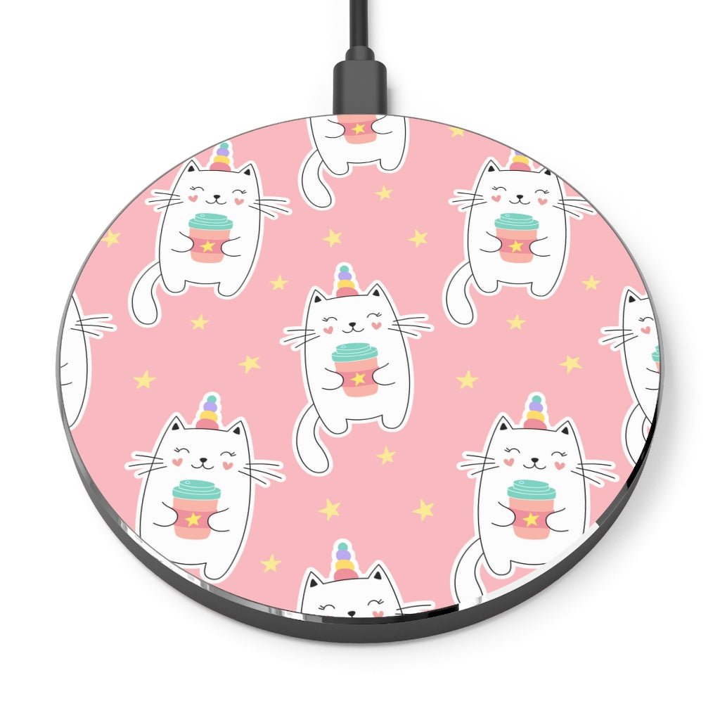 Unicorn Cats Drinking Coffee Wireless Charger - Puffin Lime