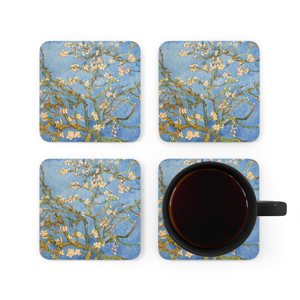 Van Gogh Blossoming Almond Tree Corkwood Coaster Set - Puffin Lime