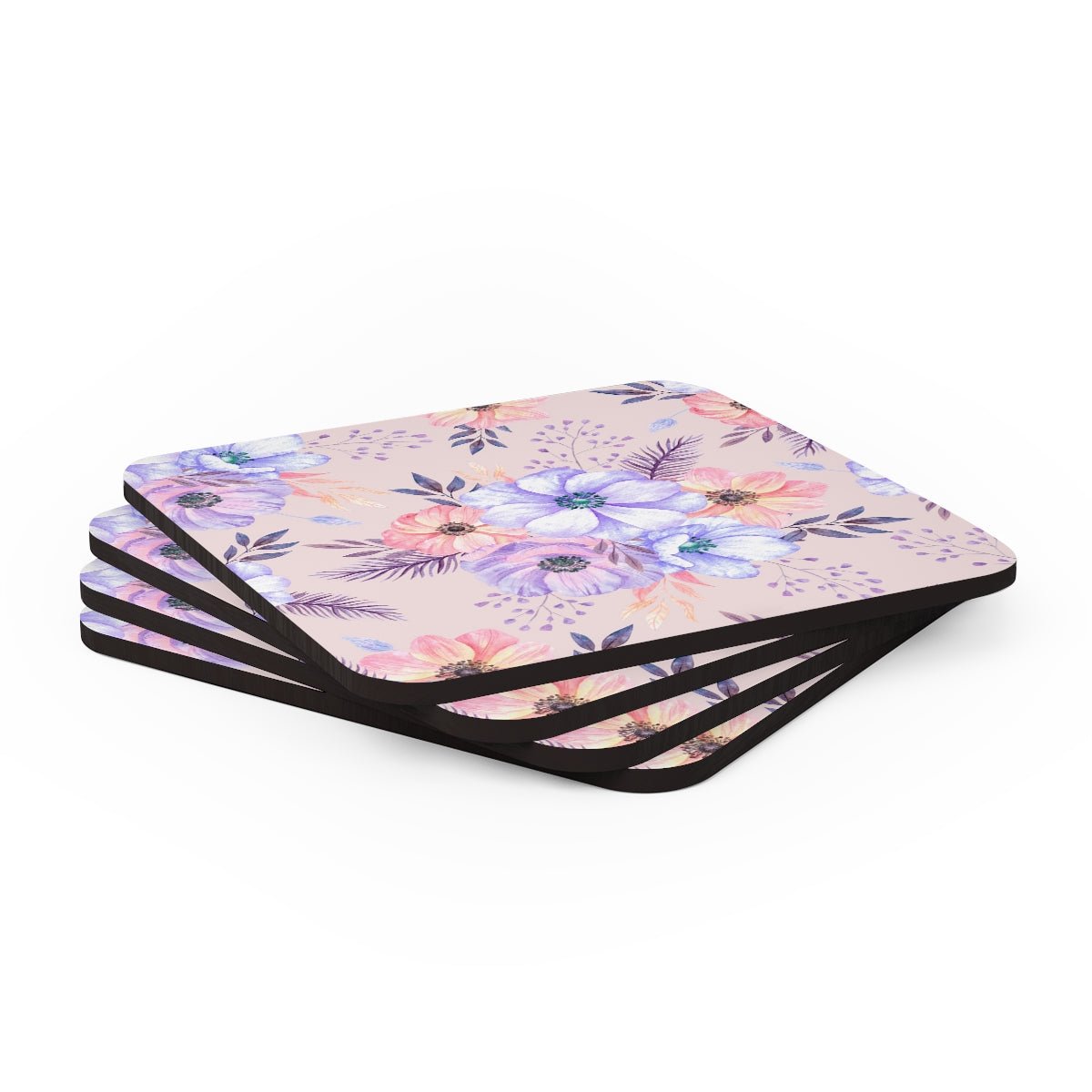 Very Peri Anemones Corkwood Coaster Set - Puffin Lime