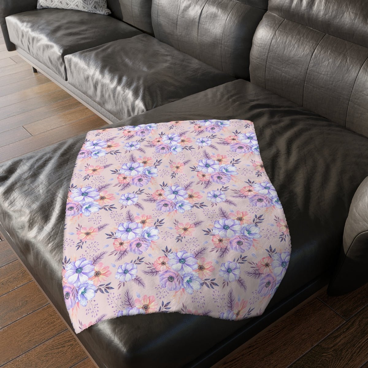 Very Peri Anemones Velveteen Minky Blanket (Two-sided print) - Puffin Lime
