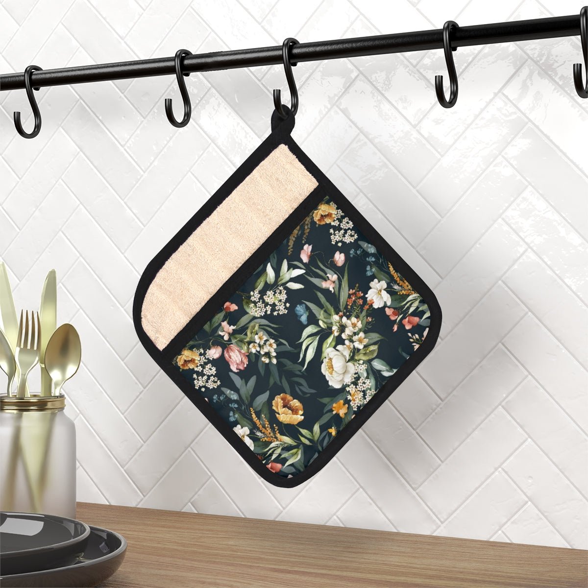 Watercolor Flowers Pot Holder with Pocket - Puffin Lime
