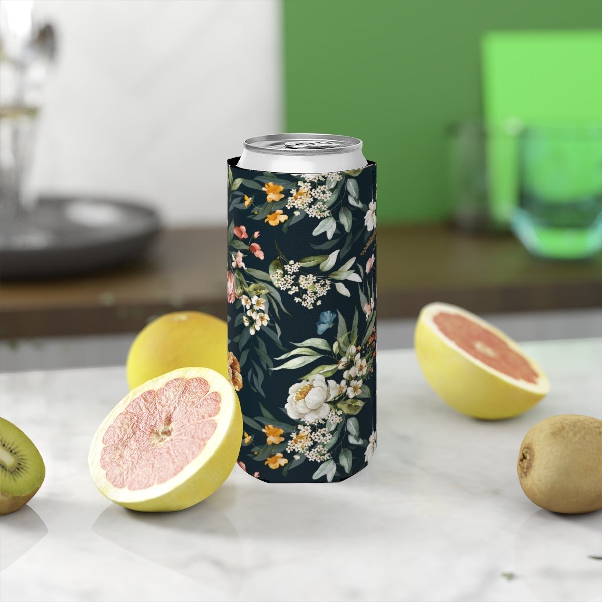Watercolor Flowers Slim Can Cooler - Puffin Lime
